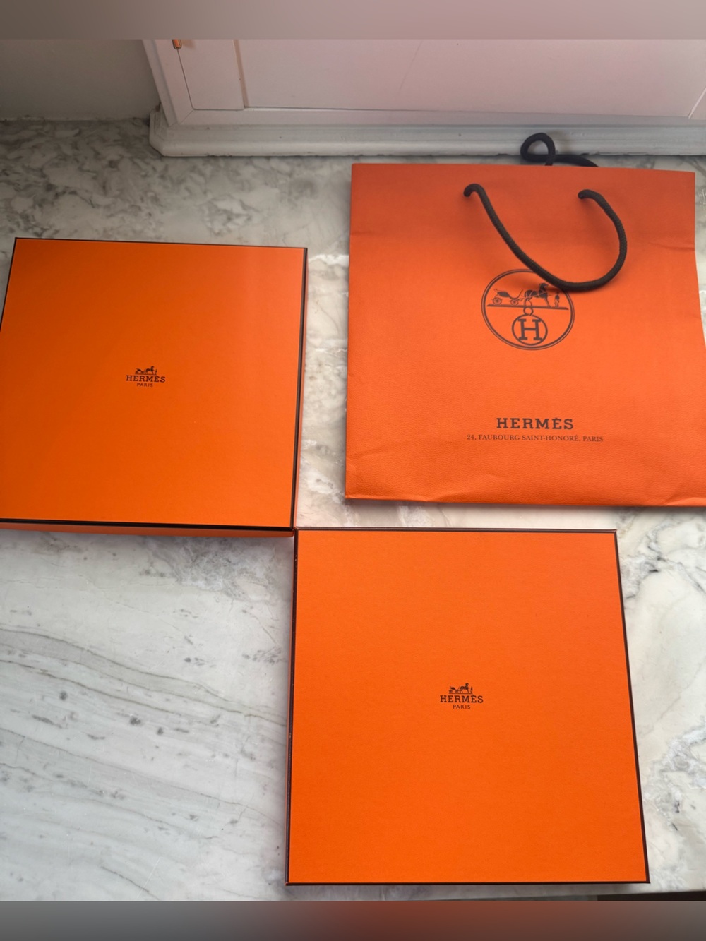 Hermes Bright Orange Boxes and Shopper Set 2 boxes 1 bag
